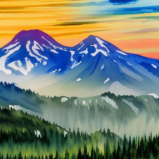 Mount Rainier in Gouache Watercolor Style