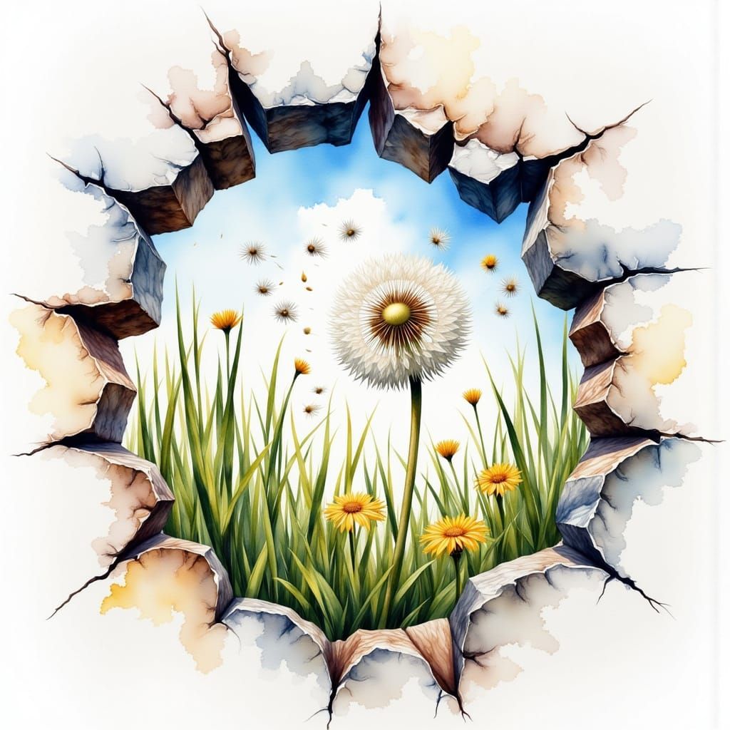 Dandelion Growing Through Cracked Wall in Watercolor Style