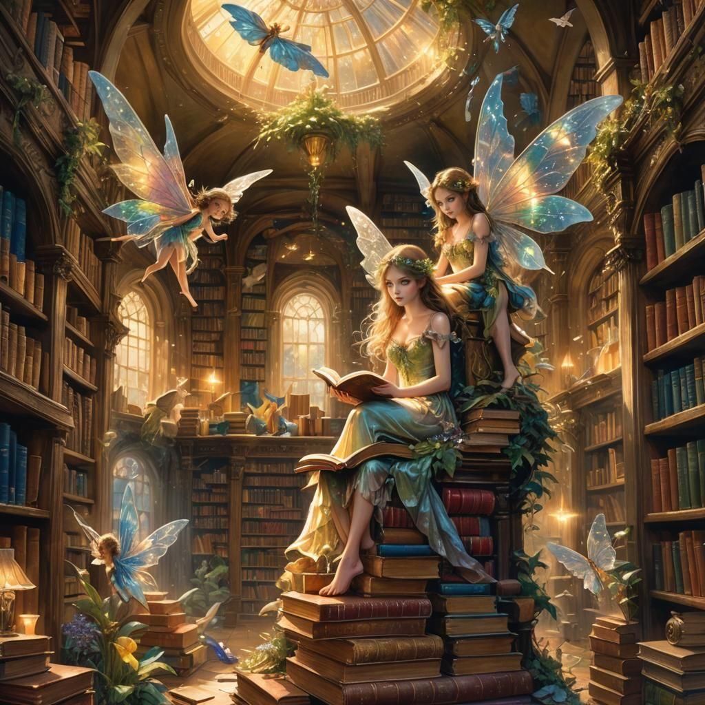 Mystical Library with Fairies and Magic