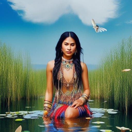 Cheyenne Woman Swimming in Pond, Fairycore Portrait