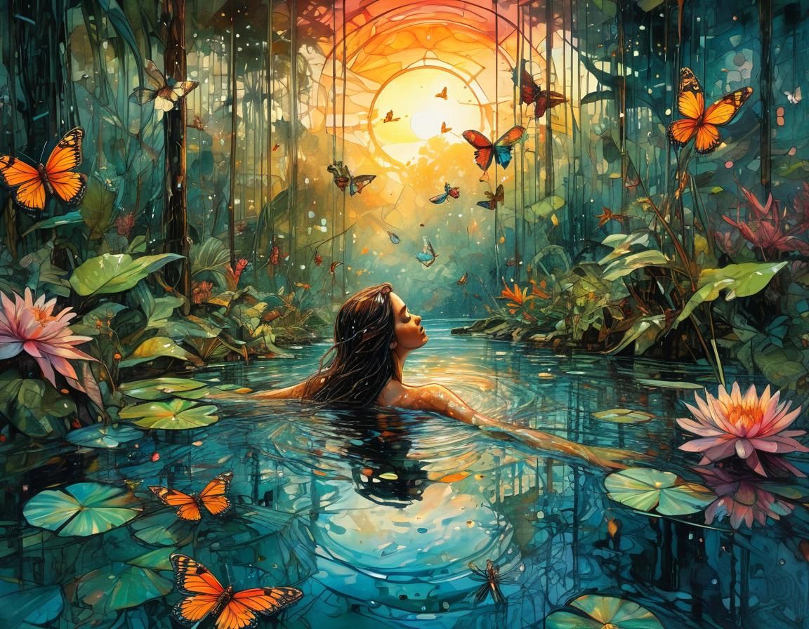 Rainforest Pond: Woman in Digital Watercolor Summerscape