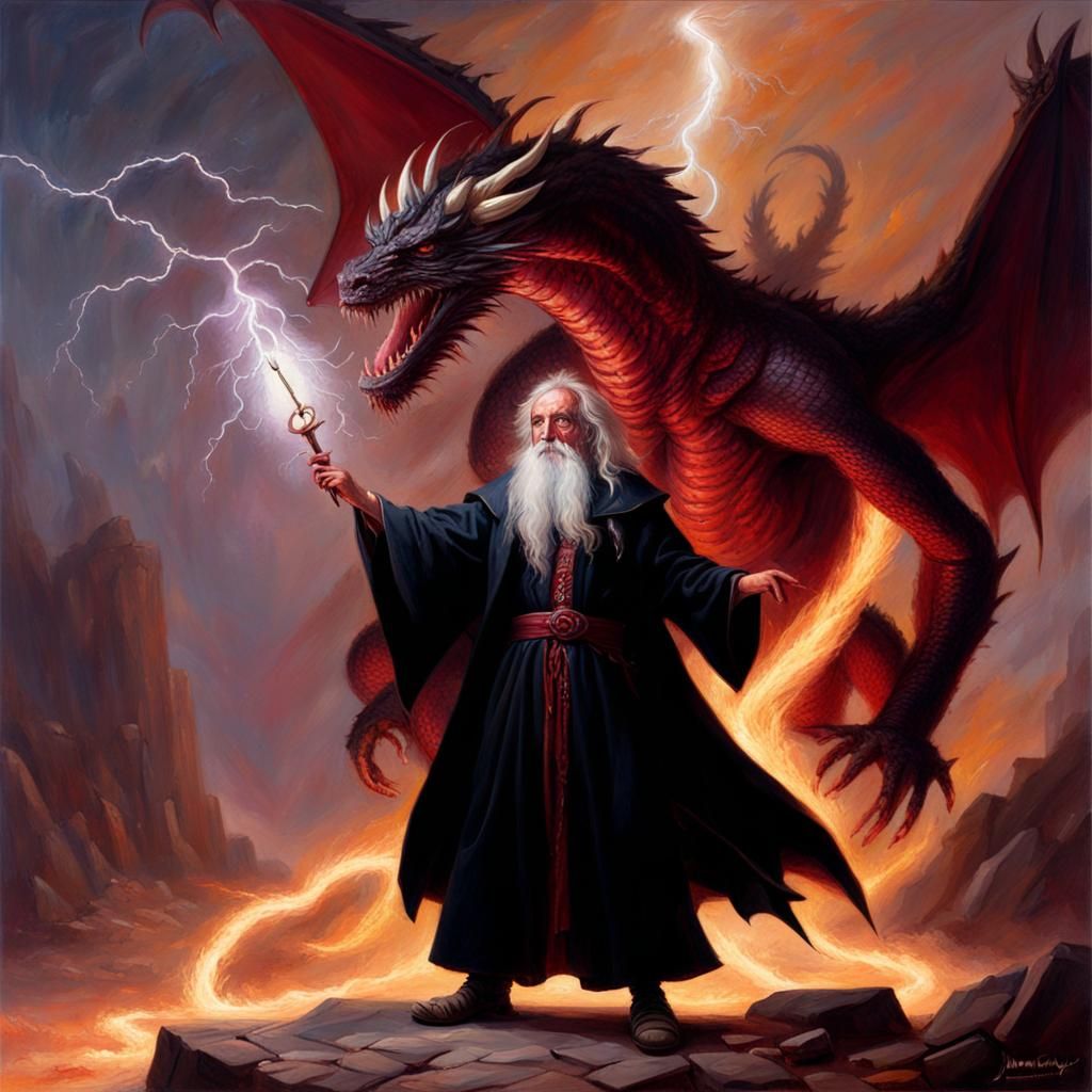 Black Wizard and Dragon in Oil Painting Style