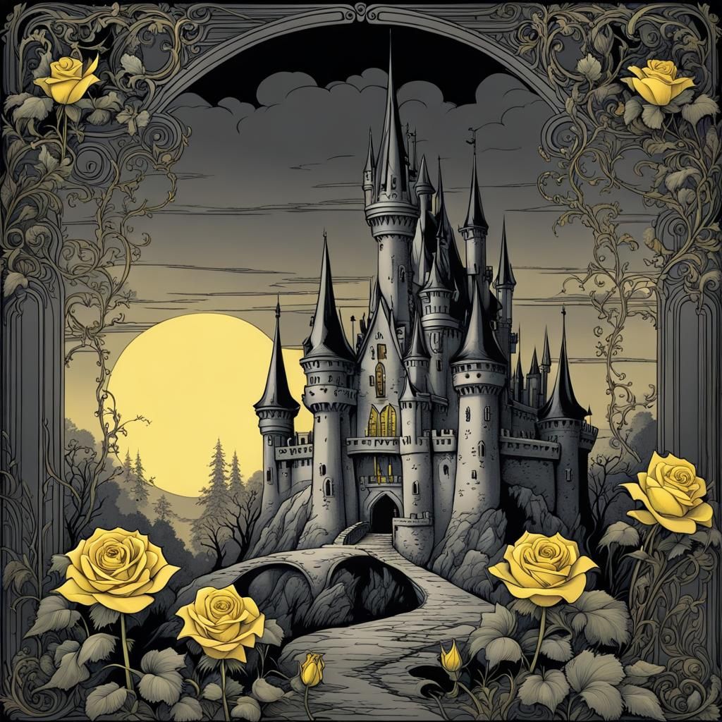 Fairytale Castle with Rose, Arthur Rackham Style