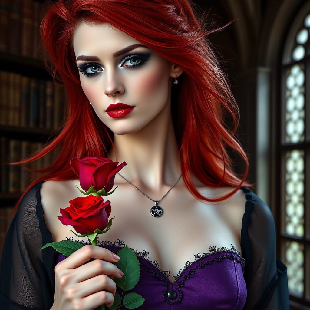 Goddess in Elegant Attire, Holding a Red Rose in a Vintage L...