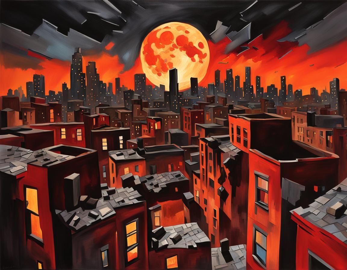 Fiery Moon Over Apocalyptic Cityscape as Mixed Media Art
