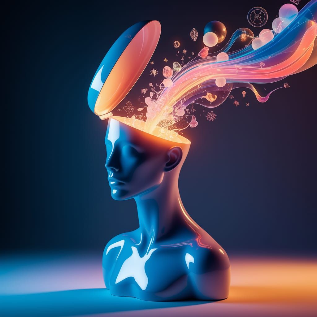 Mannequin Sculpture with Ascending Light and Symbols