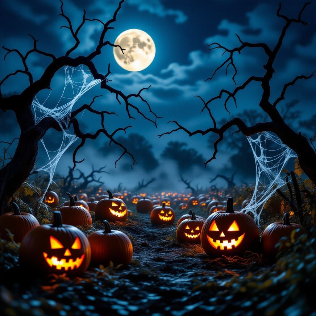 Spooky Halloween Pumpkin Harvest Under Full Moon