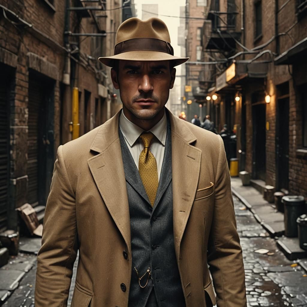 Private Investigator in Rainy Alleyway: Film Noir Style