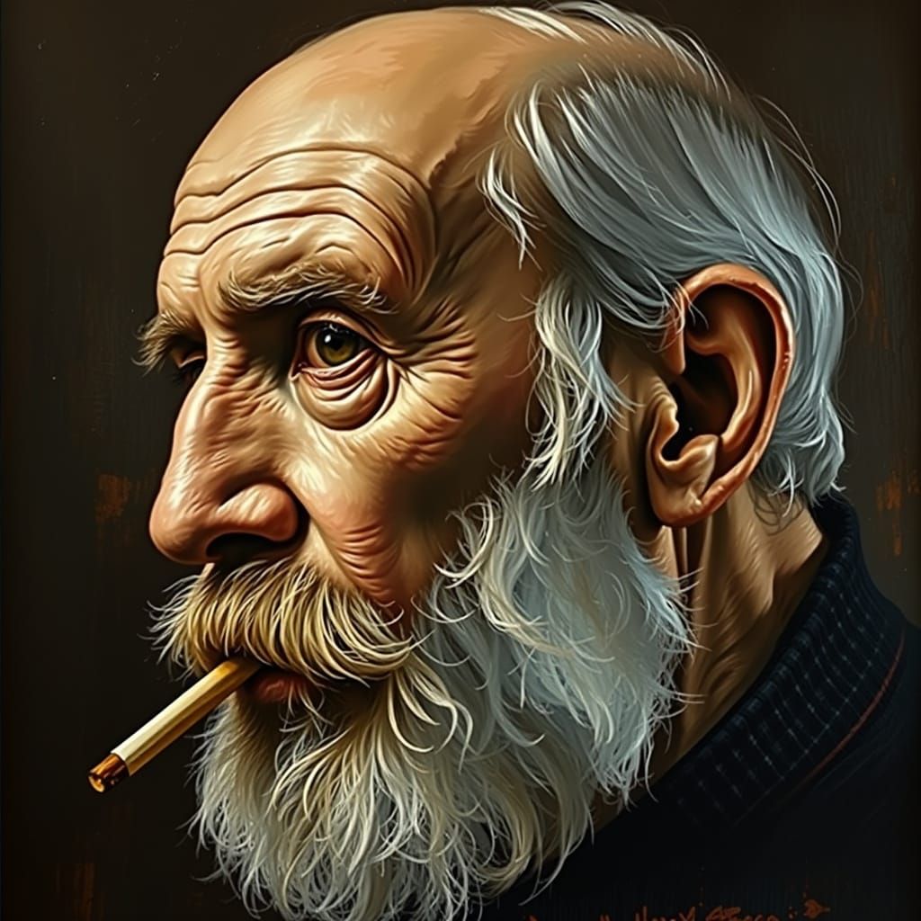 Bearded Man with Cigarette in Rembrandt Lighting