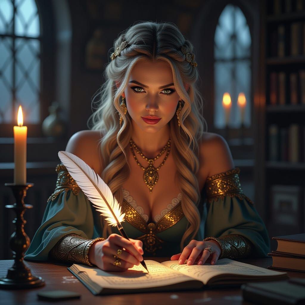 Norse Goddess Writing by Candlelight