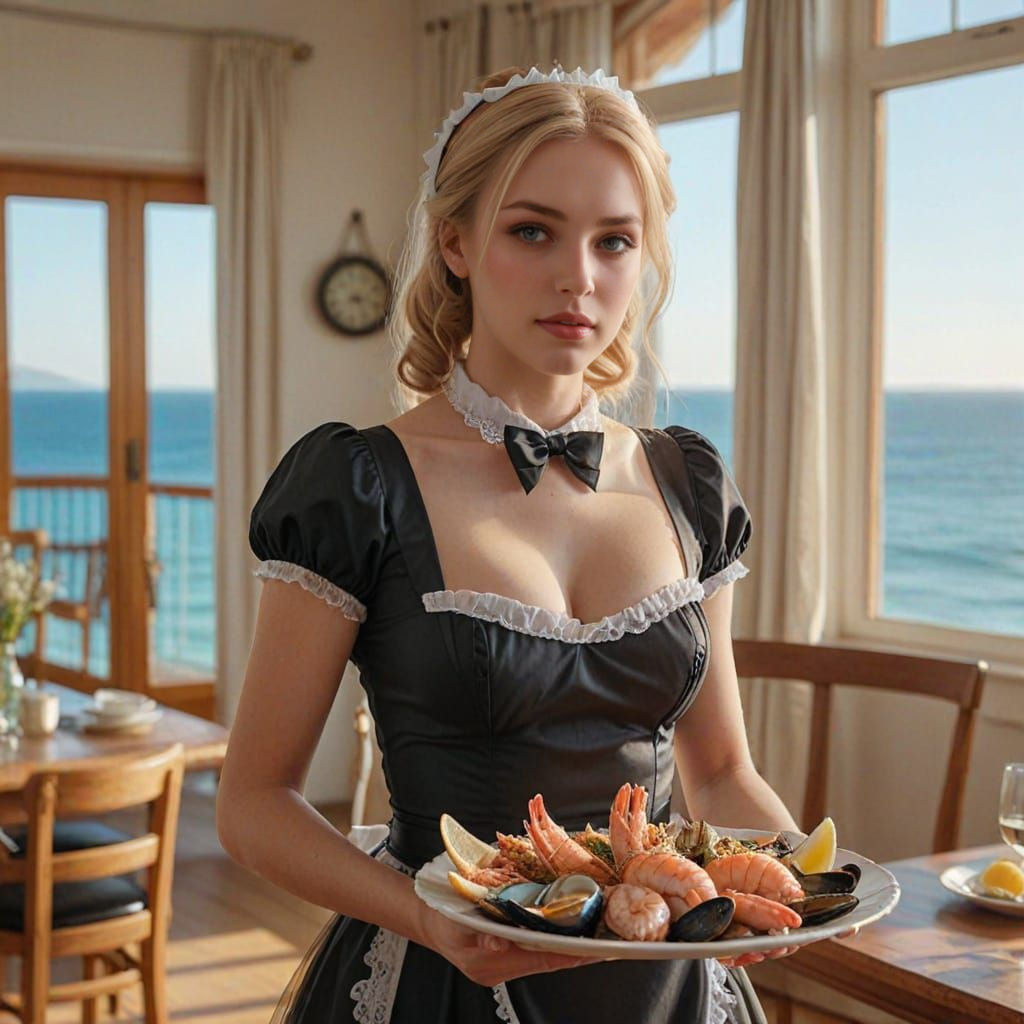 French Maid Serving Seafood Platter