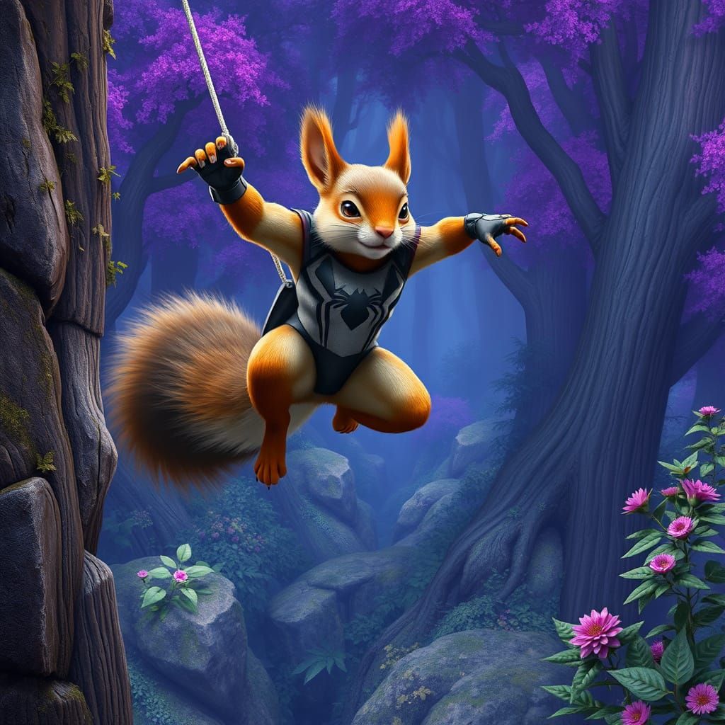 Superhero Squirrel Landing in Magical Forest