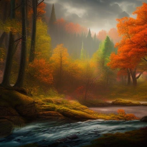 Autumn Forest River in Detailed Matte Painting Style