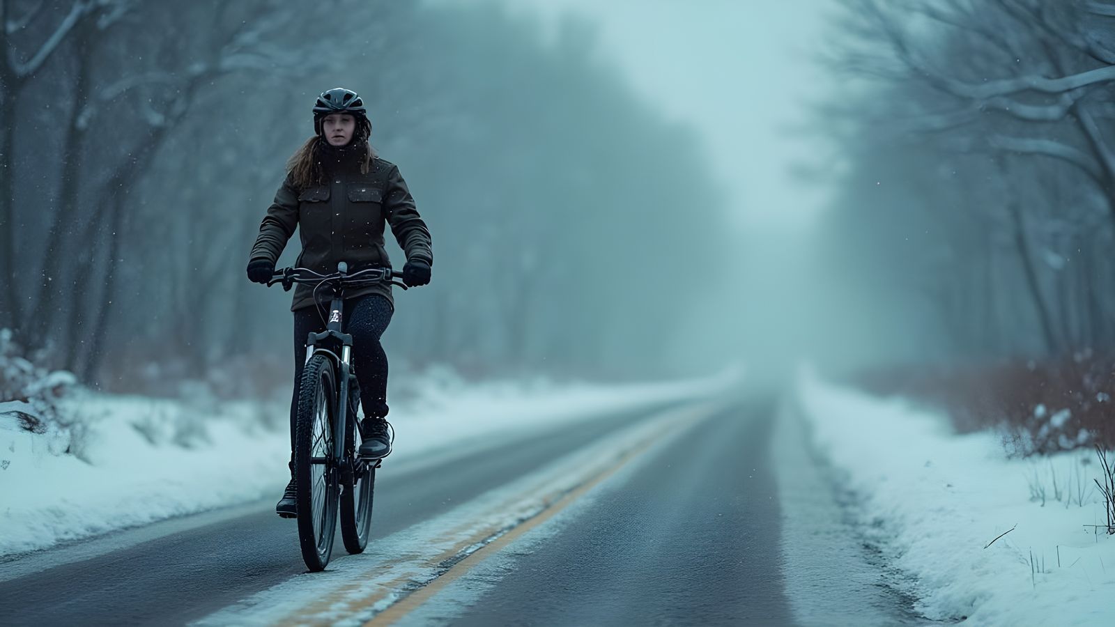 Strong Lady Pedals Through Frenzied Snowy Landscape in Cinem...