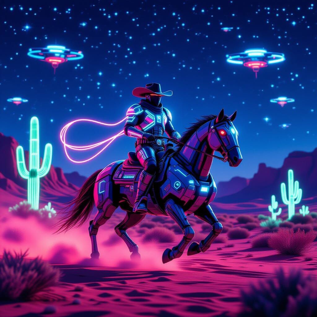 Cyberpunk Cowboy Rides Robotic Horse in Neon Desert