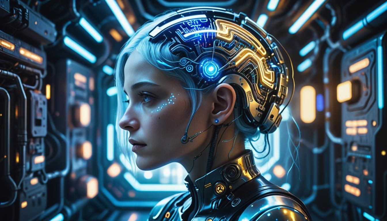 Cyberpunk Woman Plots Galaxy Conquest in Neon Light