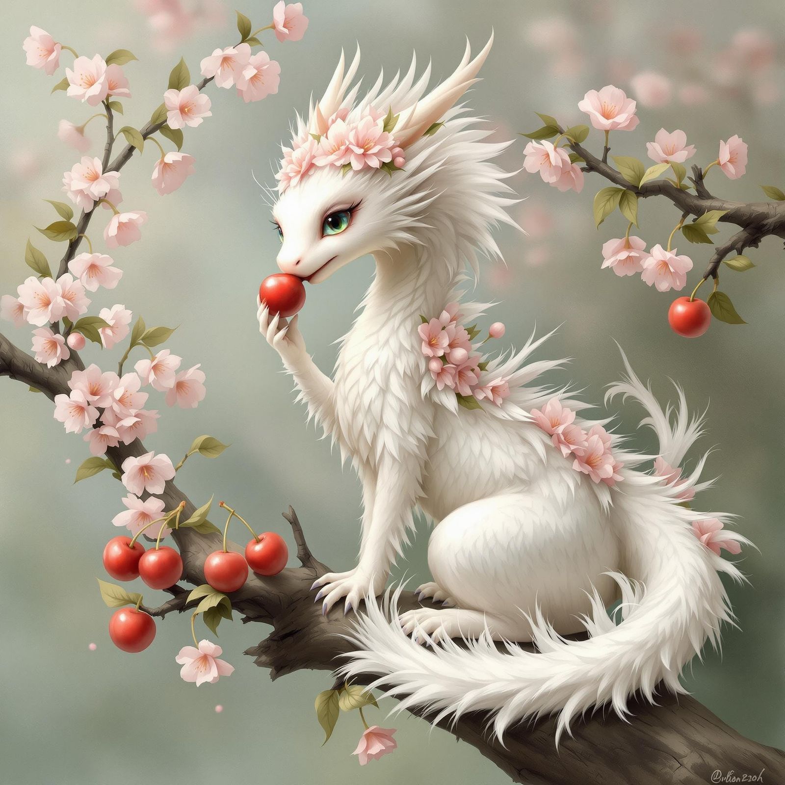 Dragonette Savoring Cherry: Realistic Oil Painting
