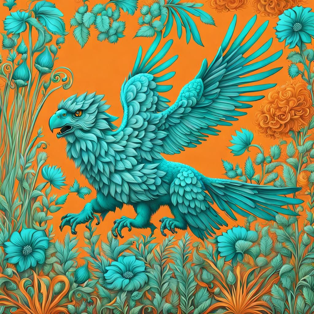 Griffin Soaring Over Orange and Teal Garden