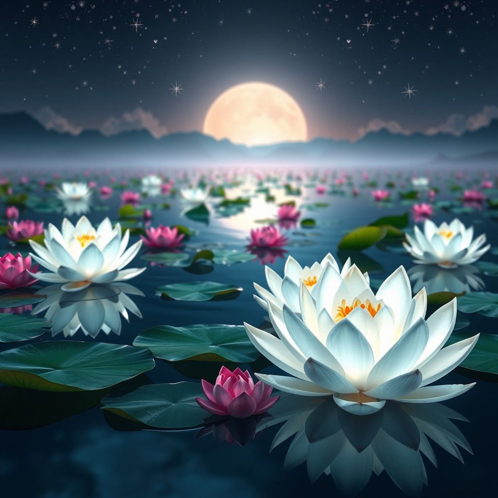 Ethereal Lotus Blooms on Tranquil Lake