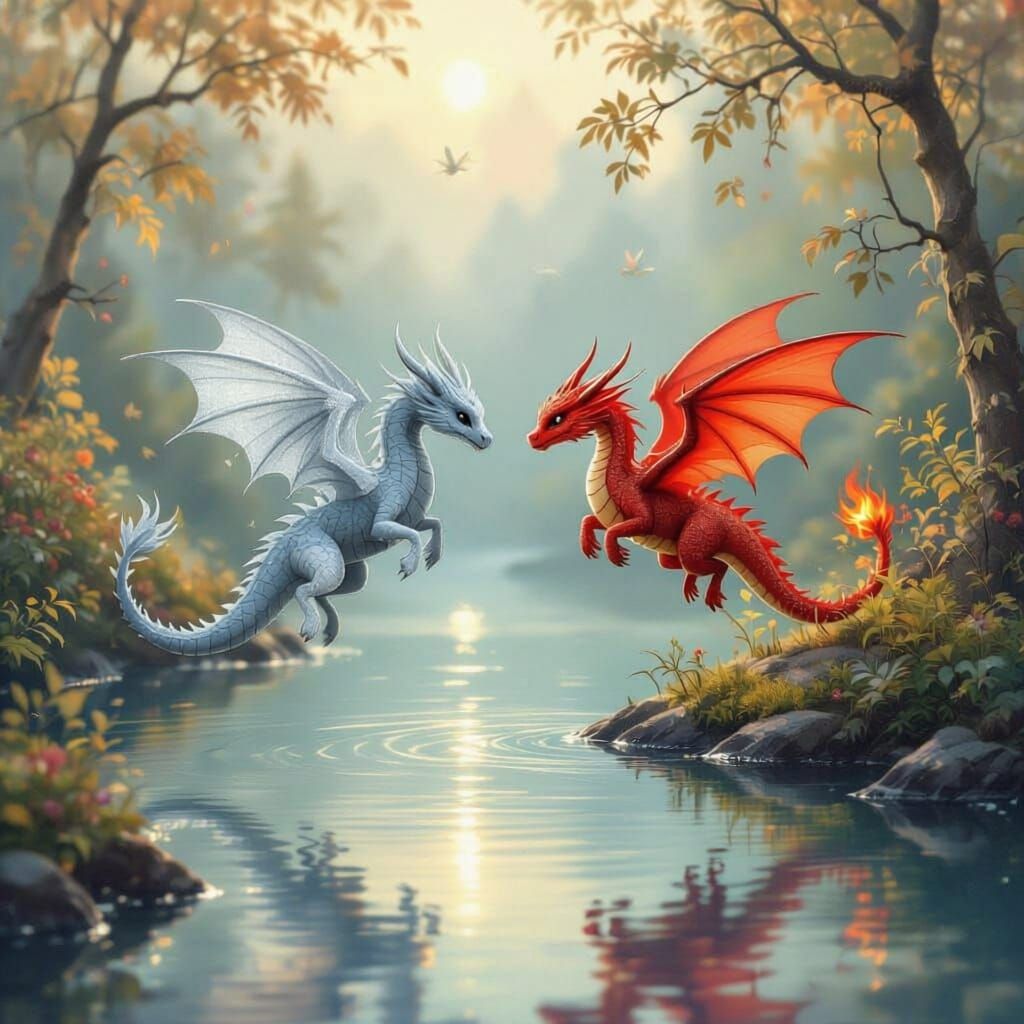 Ice and Flame Dragons Fly Together Over a Misty Lake