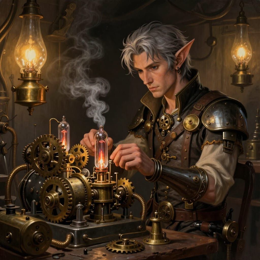 Steampunk Elf Inventor in Ornate Workshop