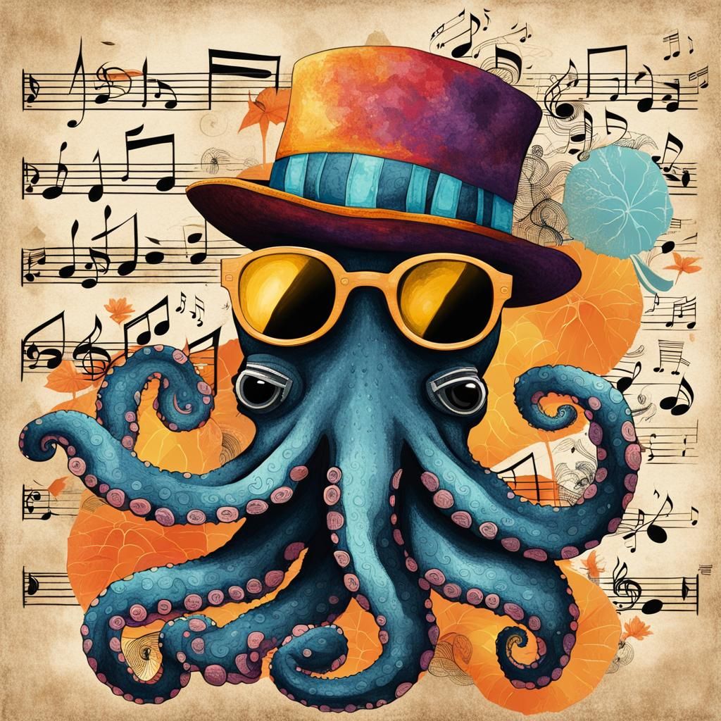 Whimsical Octopus Jazz Musician in Abstract Art