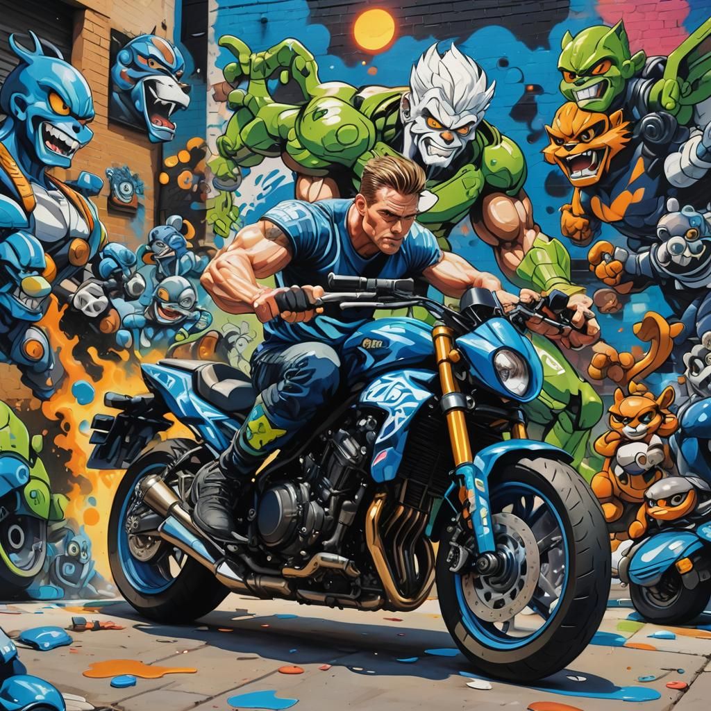 Graffiti Art: Muscular Man on Galaxy Blue Motorcycle