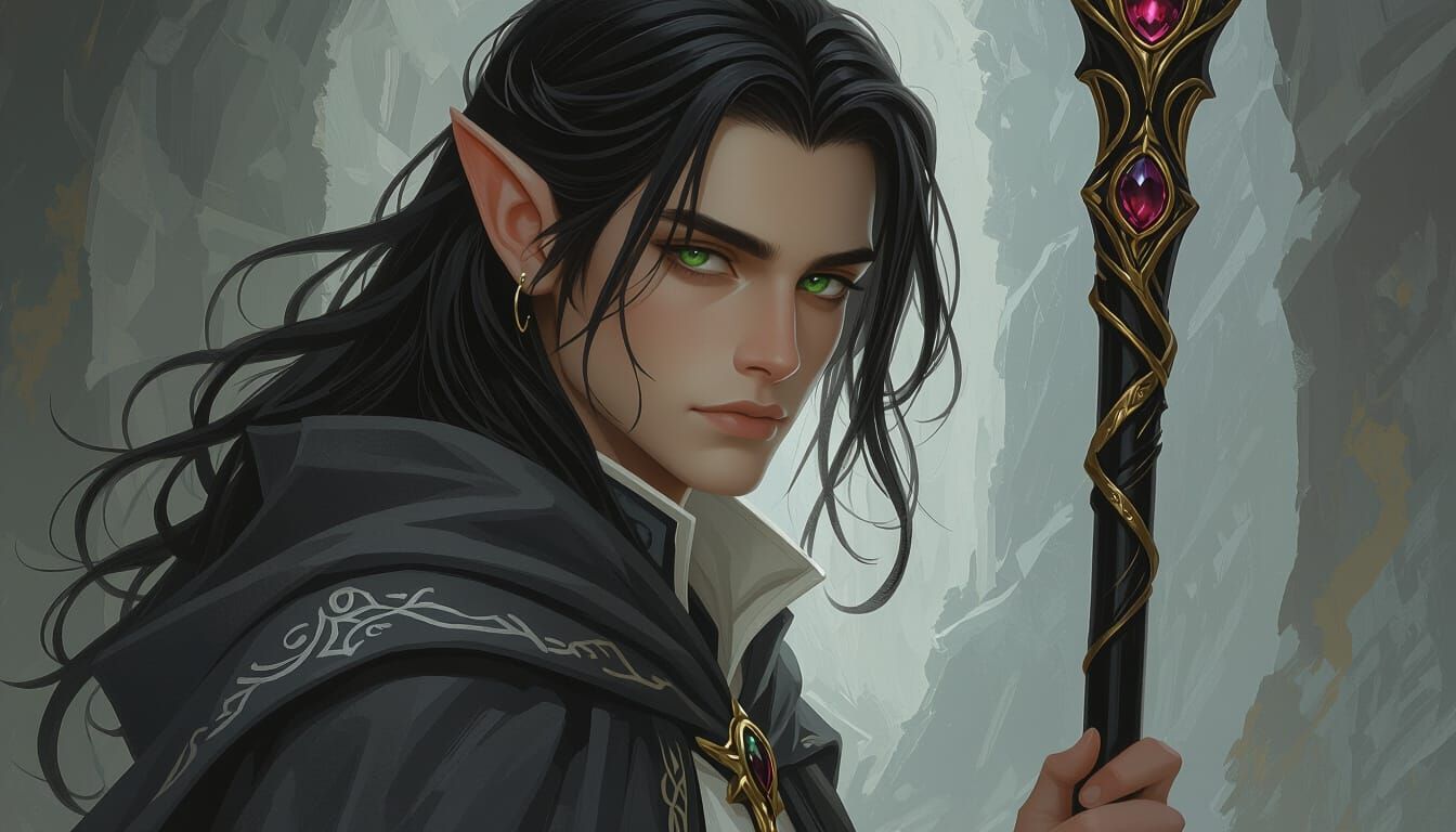 Enigmatic Elf with Staff in Digital Painting Style