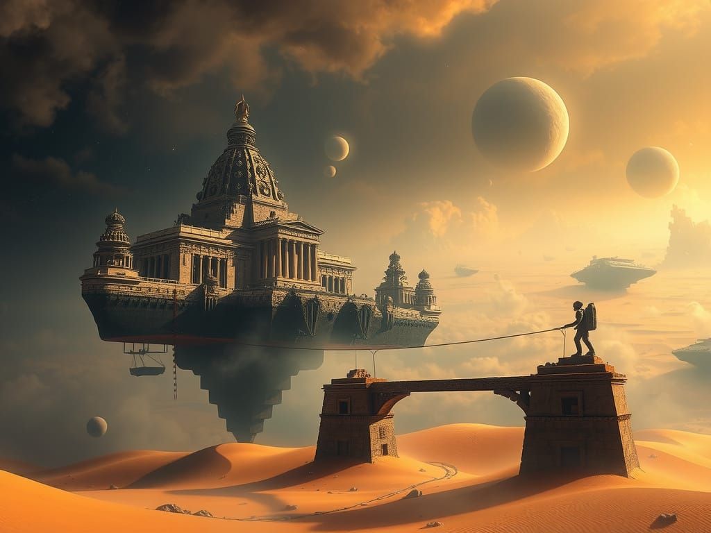 Floating Islands with Ancient Towers and Bridges