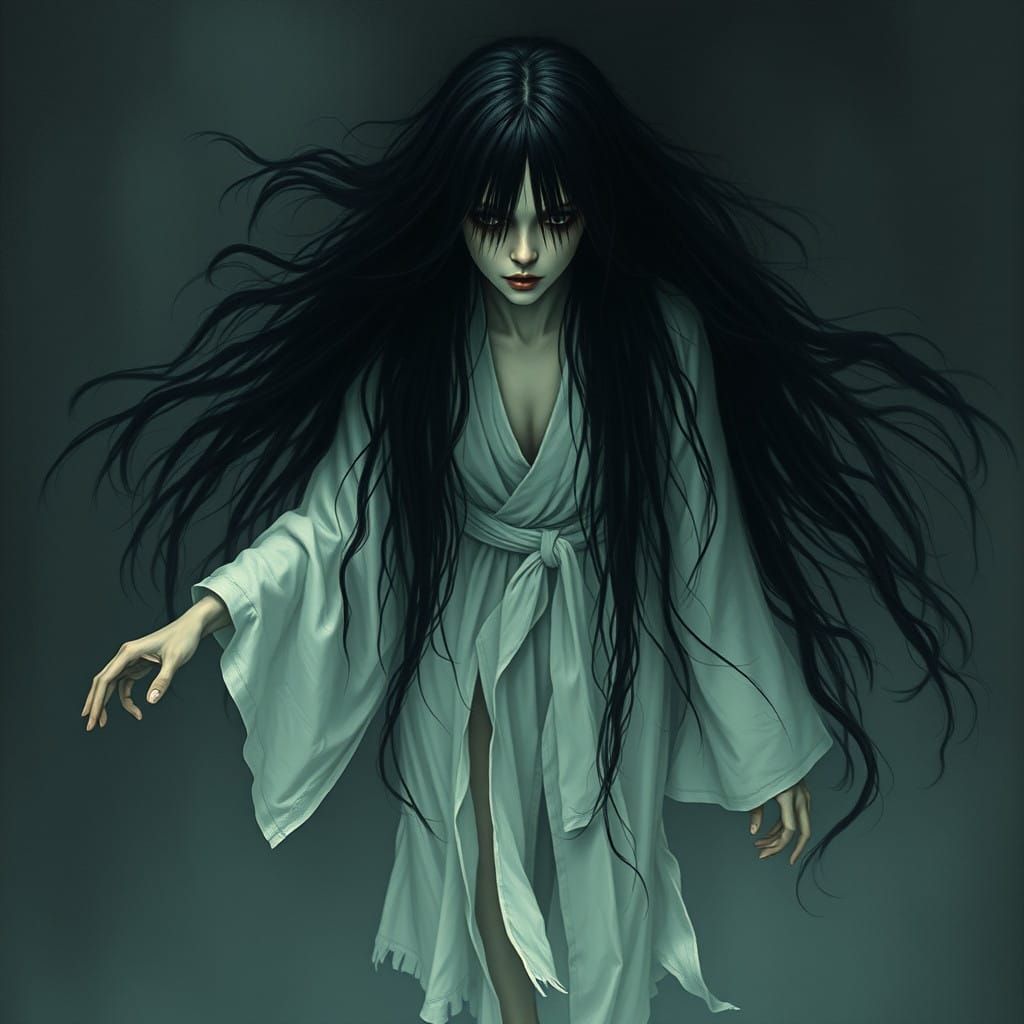 Ethereal Asian Horror Woman in White Kimono Gown