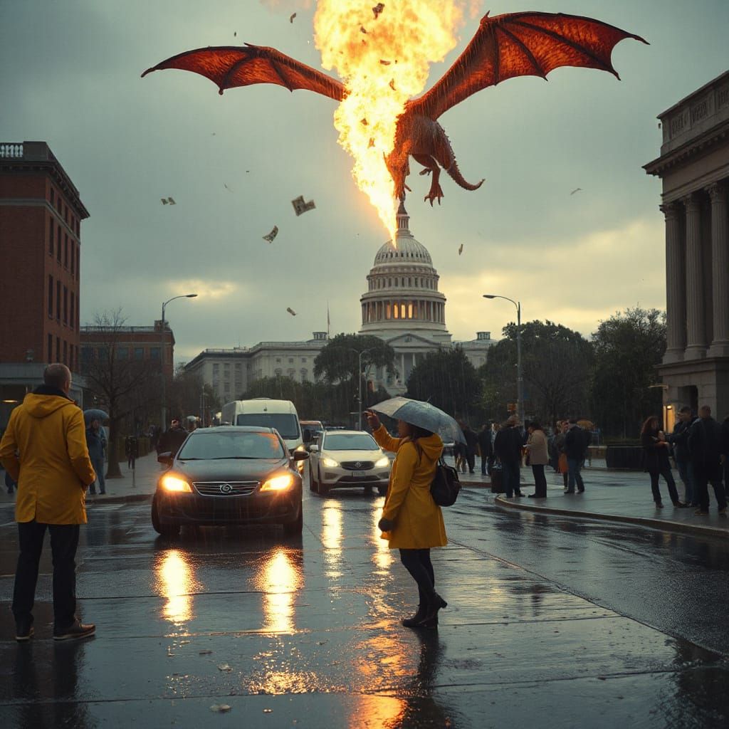 Cinematic Cityscape Unfolds as Dollars Fall from the Sky