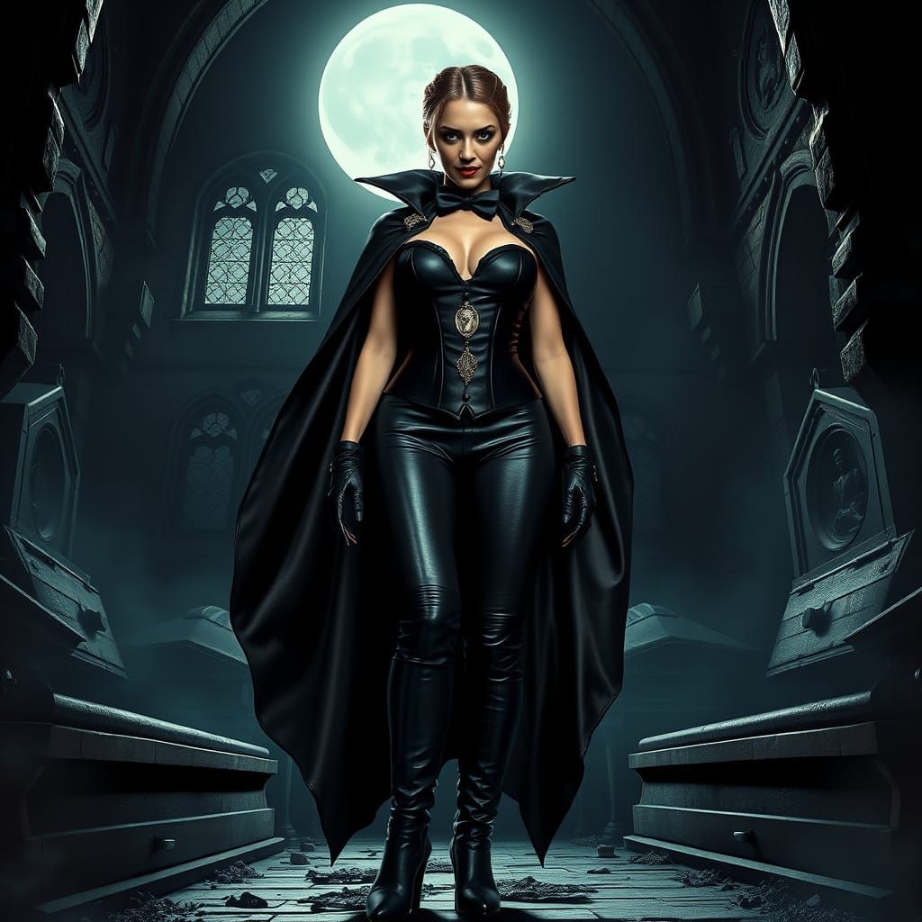Seductive Vampire Countess in Black Tie, Gothic Castle Crypt