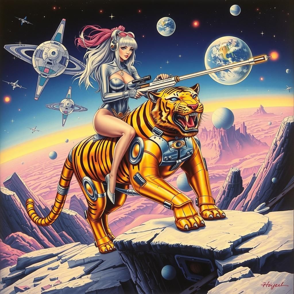 Cyberpunk Female Rides Robotic Tiger in Space