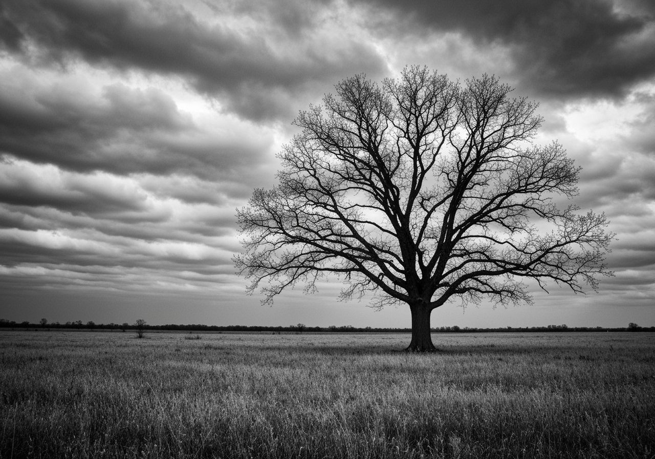 Dramatic Black and White Tree Under Stormy Sky