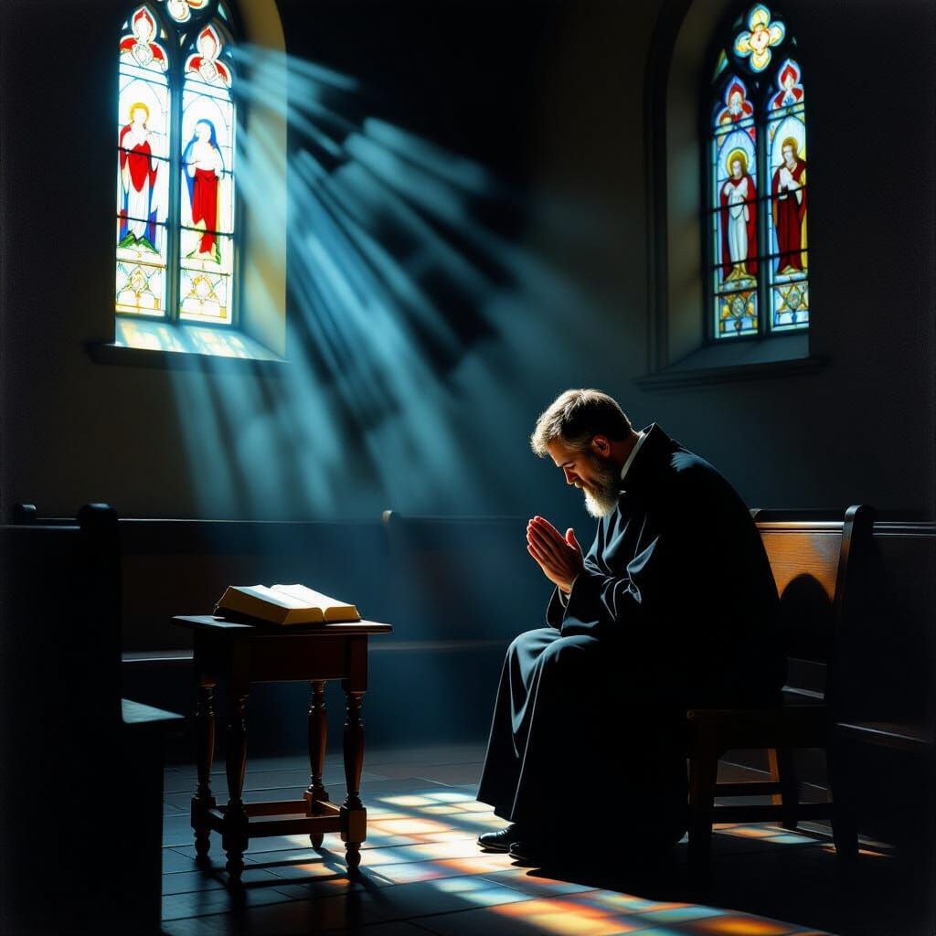 Pastor in Prayer, Lit by Chiaroscuro Light in Empty Church
