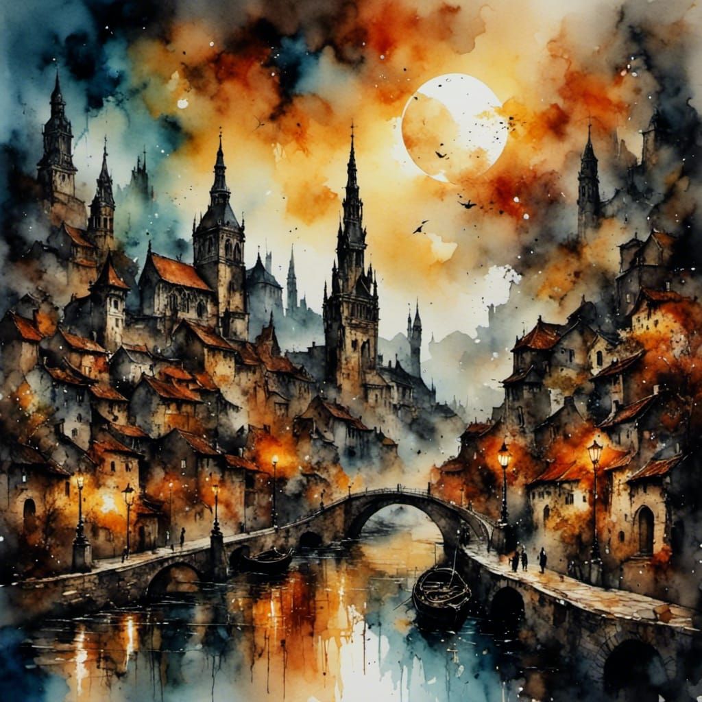 Watercolor Ink Landscape in Vibrant Colors