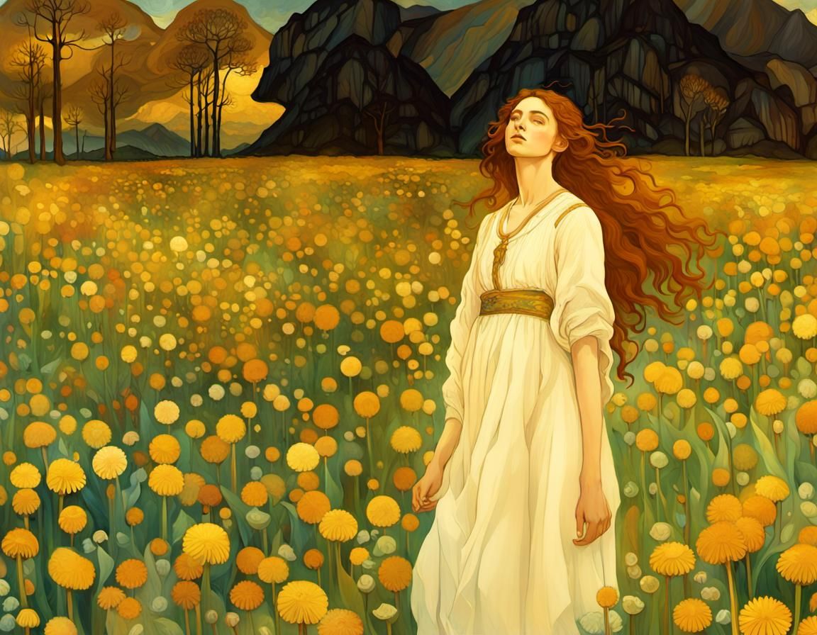 Dandelion Field Portrait in Art Nouveau Style