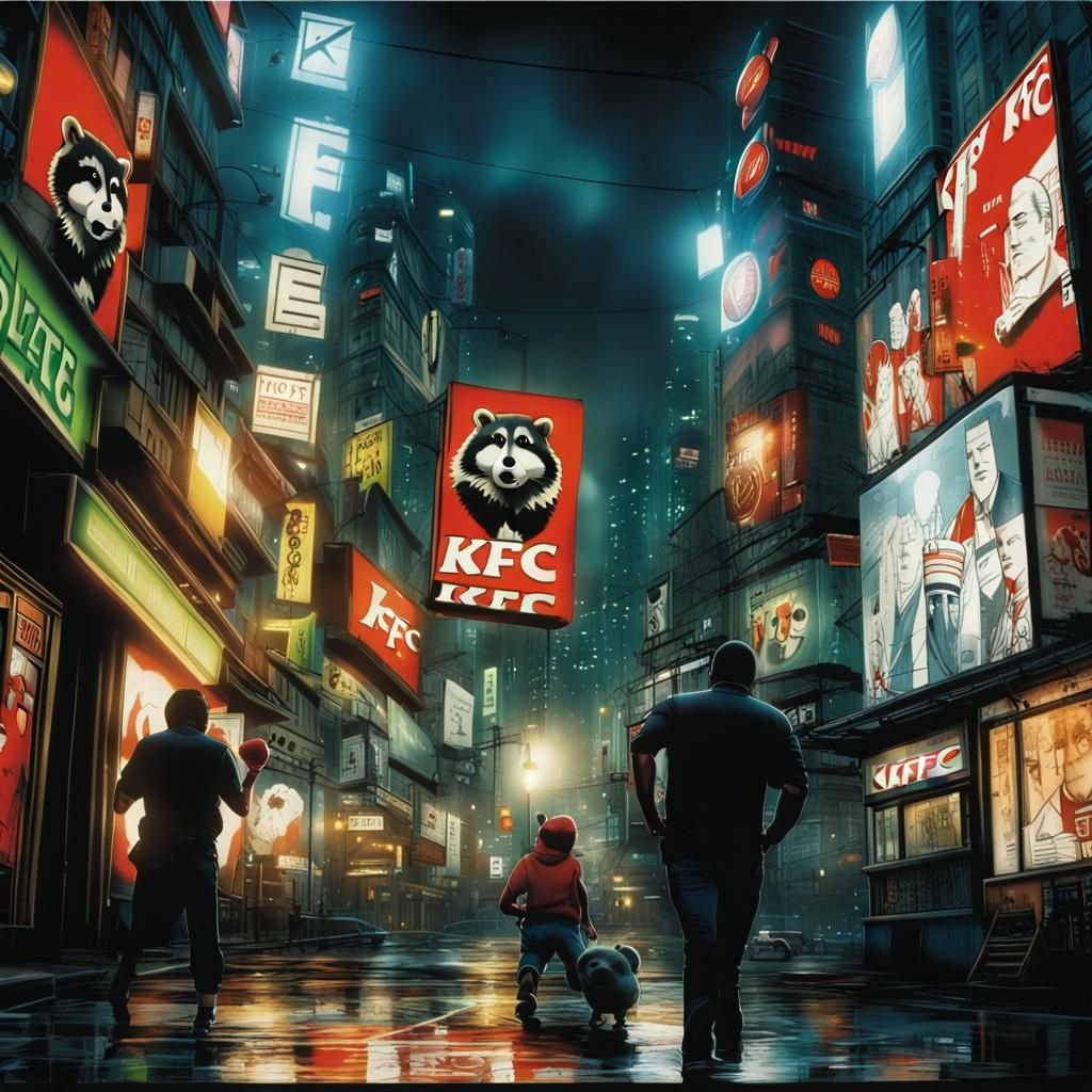 Anime Raccoon Stealing Chicken: Cel-Shaded City Scene