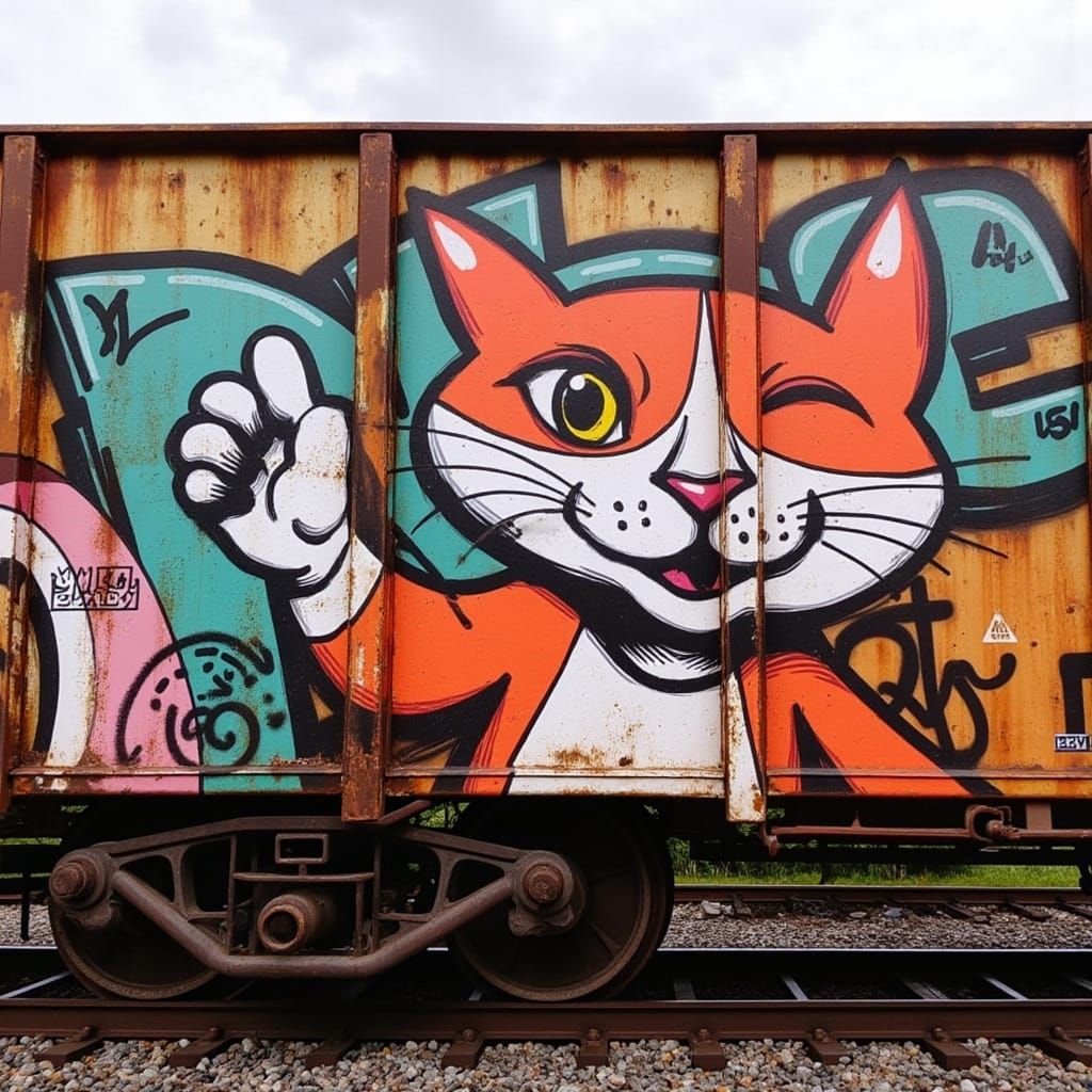 Vibrant Graffiti Train Car with Cartoon Cat