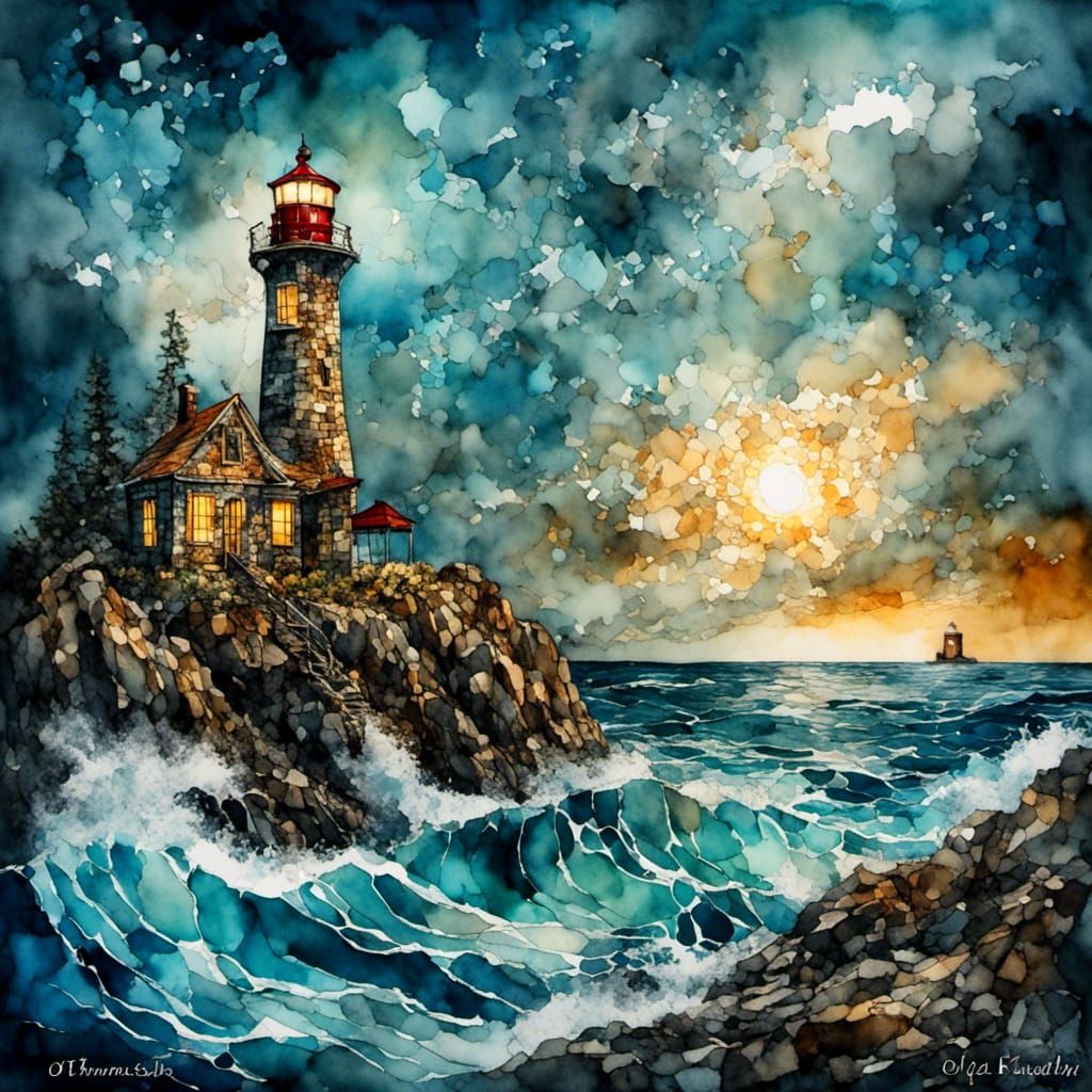 Illuminated Lighthouse on Rocky Coast in Surrealist Style