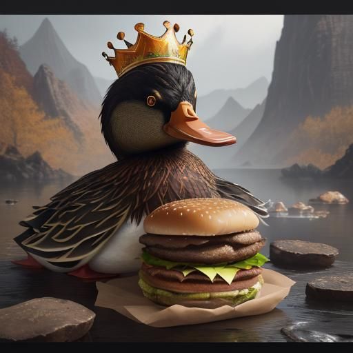 Duck with Burger King Crown, Detailed Digital Painting