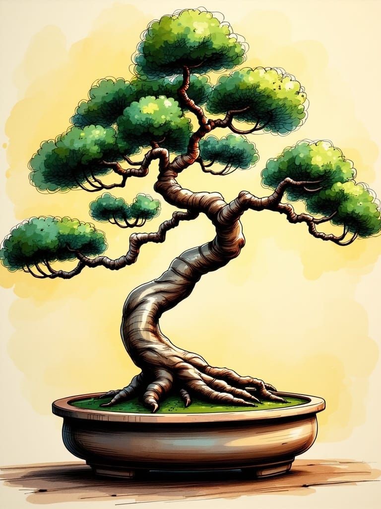 Majestic, Ancient Bonsai Tree in Vibrant Watercolor Style