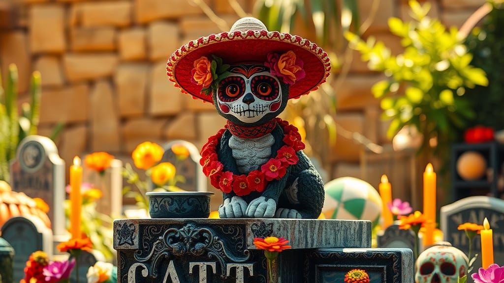 Day of the Dead Cat in Mexican Folk Art Style