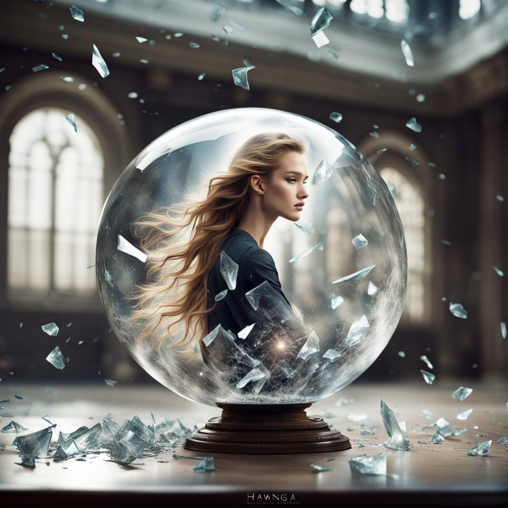 Shattering Glass Globe with Woman in Hyperdetailed Matte Pai...
