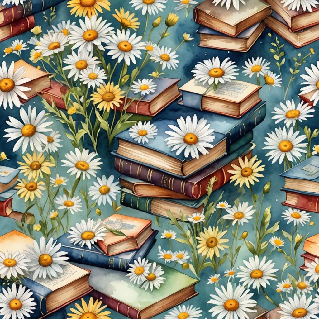 Watercolour Books and Daisies Abstract Art