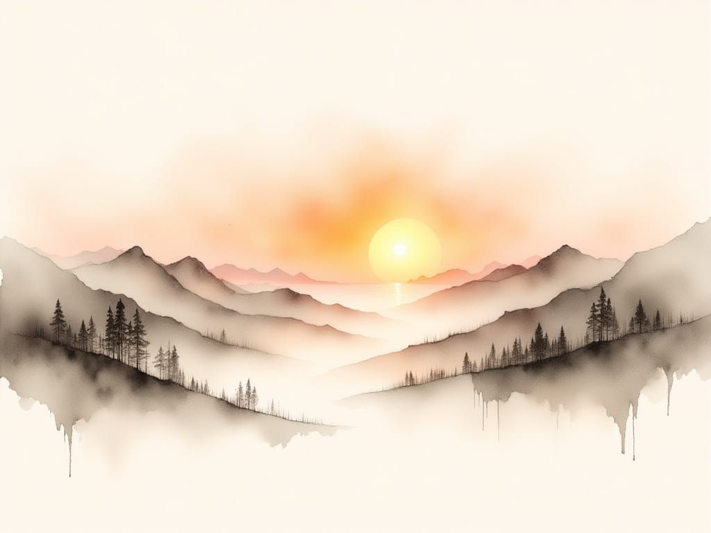 Japandi Sunset Wall Art in Watercolor Style