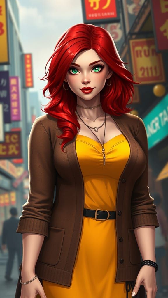Vibrant Redhead in Fantasy Cityscape
