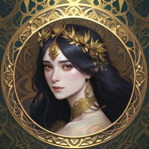 Elegant Portrait with Floral Headpiece in Art Nouveau Style