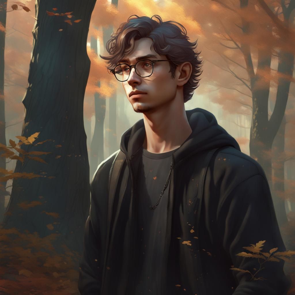 Nerdy Poet Portrait in Forest, Detailed Concept Art