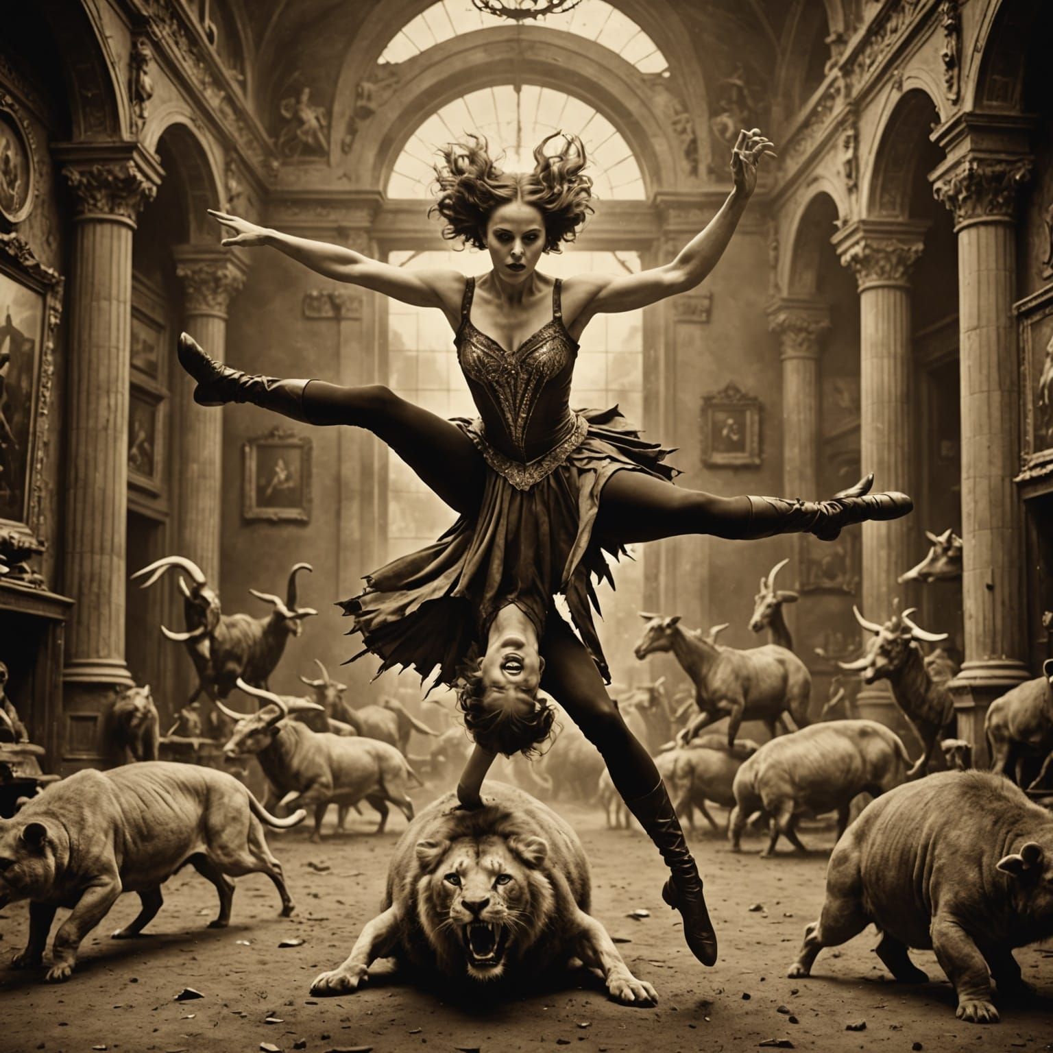 Dancing Contortionist and Animal - Vintage Sepia Photo